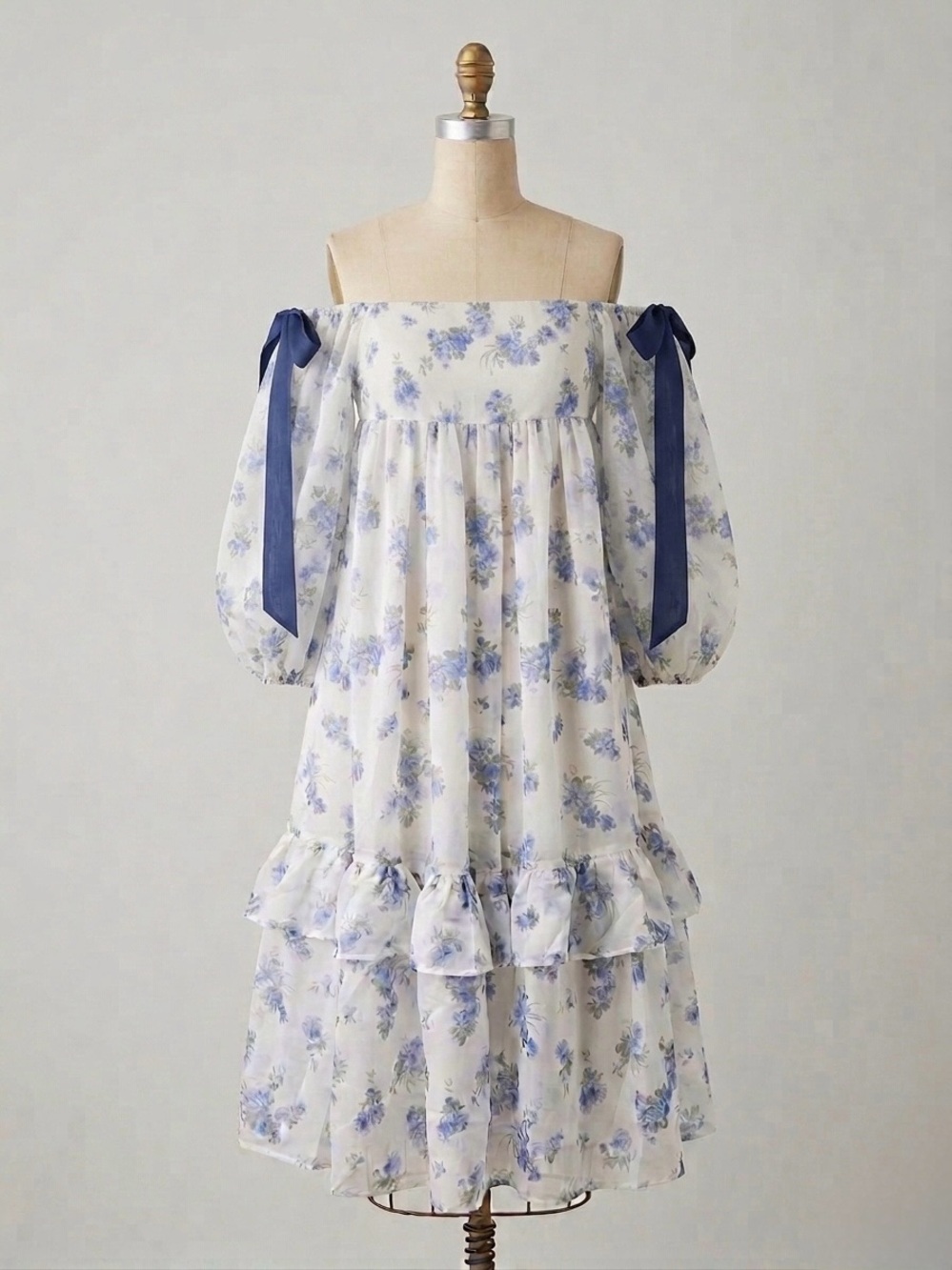 Sofie the Label White Blue Floral Off the Shoulder Bow Midi Dress